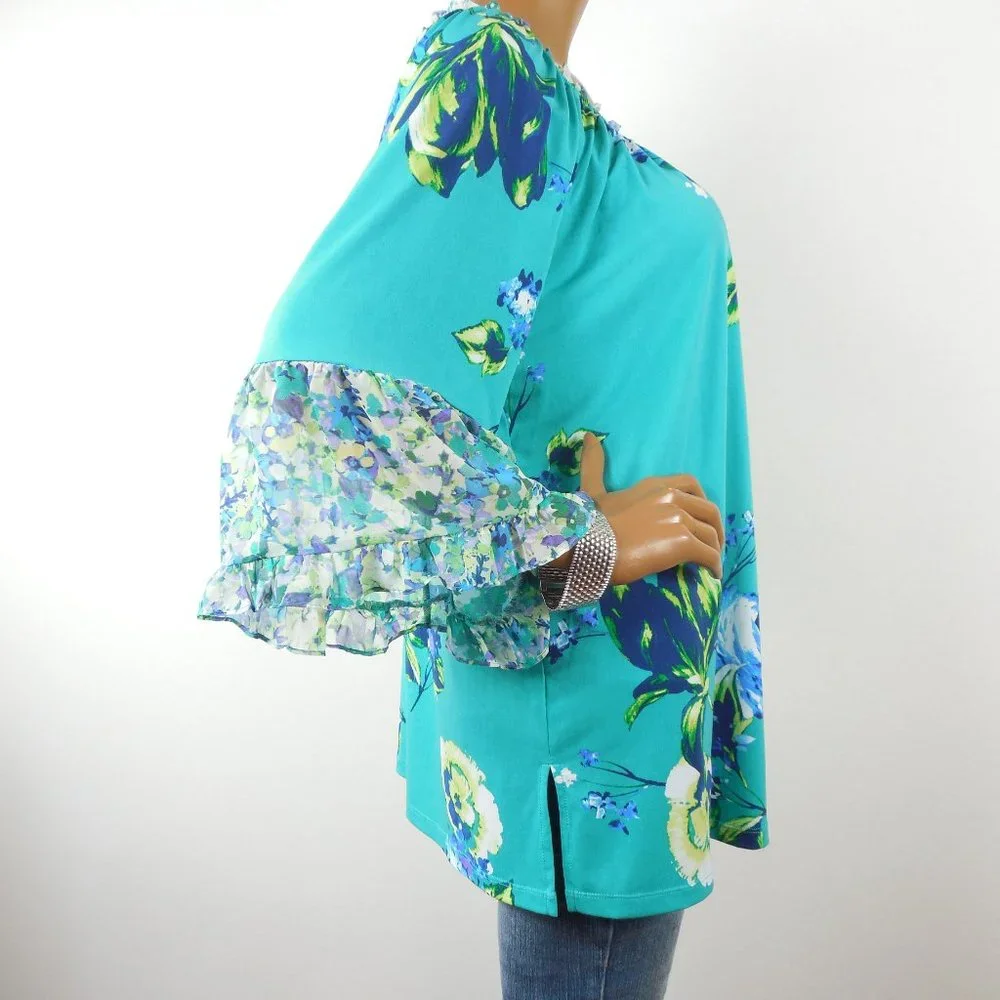 SUSAN GRAVER Top 1X Floral Blouse Stretch Green/Blue Print Chiffon Flared Sleeve - Picture 6 of 13